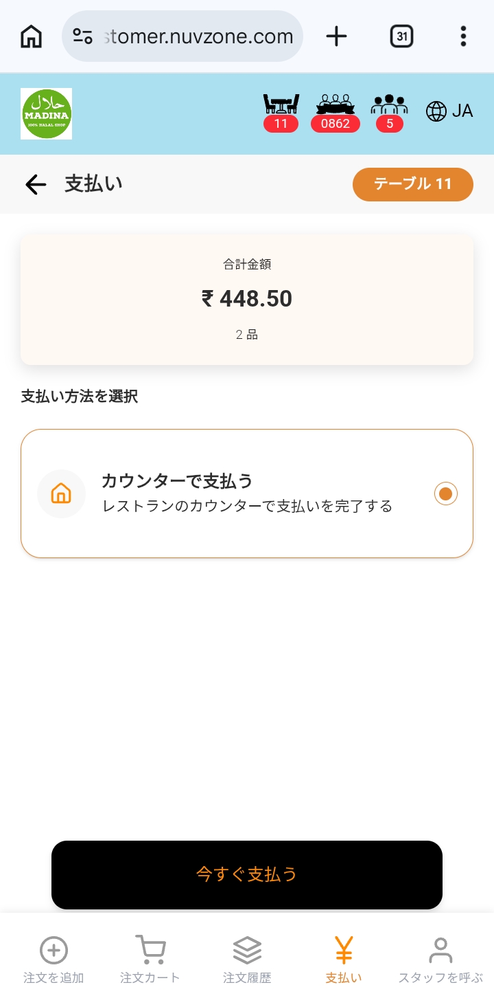Alampana payment method screen with pay-at-counter option